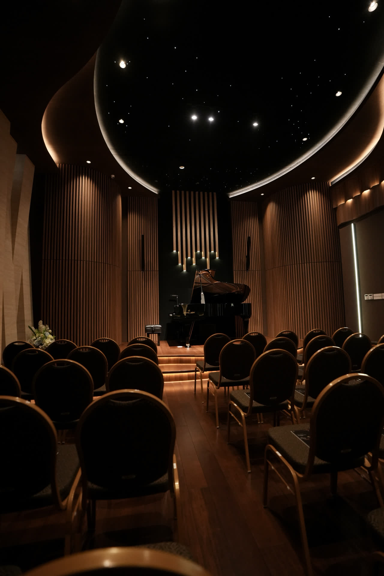 The recital hall seen from the back row: rows of chairs facing a lit timber stage with a concert grand, under a dark star-field ceiling.